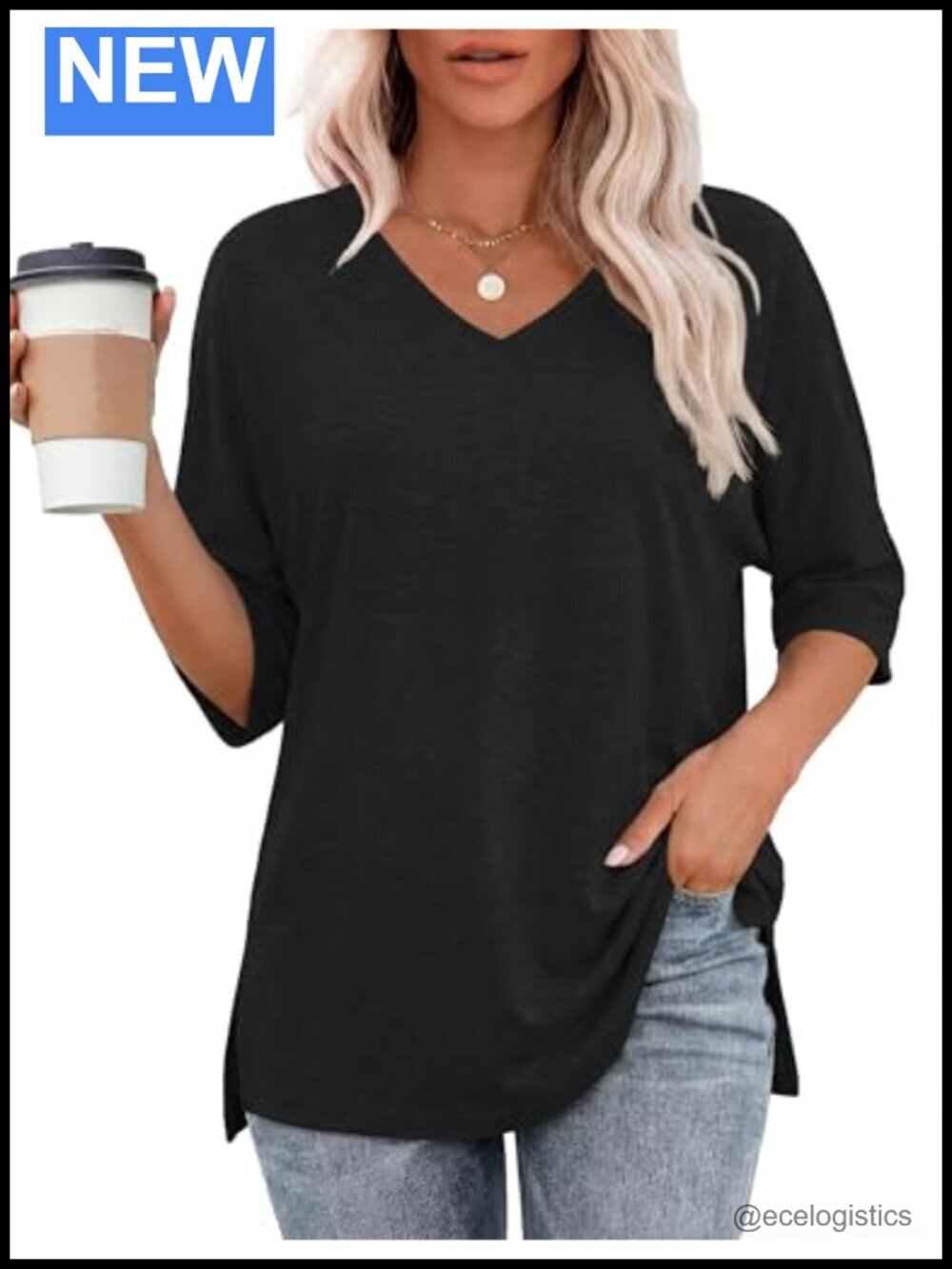 Womens Oversized V Neck Tee Short Sleeve Blouse Side Slit Tunic Top